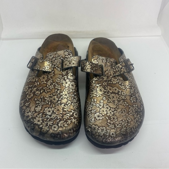 PAPILLIO Birkenstock Bronze Metallic Floral Embossed clog size 4 Boston mules - Picture 1 of 7